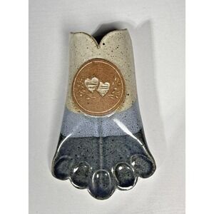 Handmade Stoneware Glazed Heart Wall Pocket Studio Art Pottery Blue & Tan